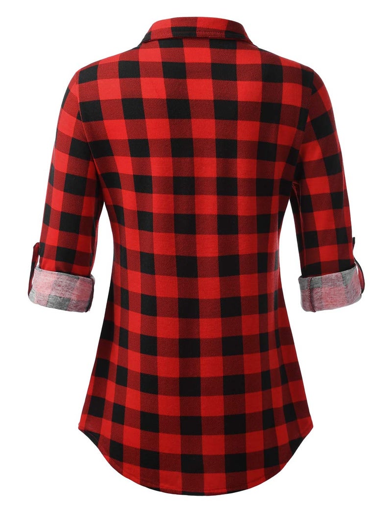 DJT Womens Soft Stretchy Knit Plaid Shirts Roll Up Long Sleeve Collared Button Down Blouses Tops Large Red Plaid - Image 3